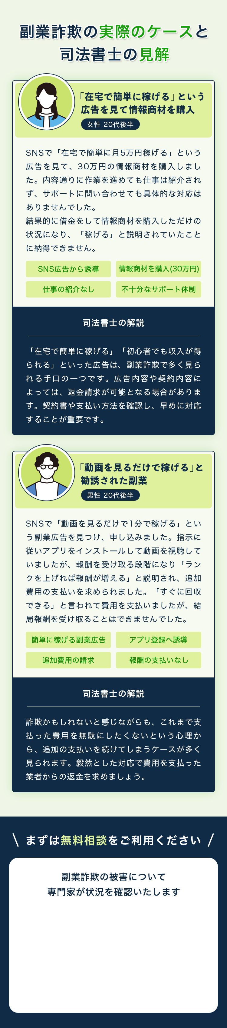 副業詐欺の実際のケースと司法書士の見解 「在宅で簡単に稼げる」という広告を見て情報商材を購入 女性 20代後半 SNSで「在宅で簡単に月5万円稼げる」という広告を見て、30万円の情報商材を購入しました。内容通りに作業を進めても仕事は紹介されず、サポートに問い合わせても具体的な対応はありませんでした。結果的に借金をして情報商材を購入しただけの状況になり、「稼げる」と説明されていたことに納得できません。 SNS広告から誘導 情報商材を購入(30万円) 仕事の紹介なし 不十分なサポート体制 司法書士の解説 「在宅で簡単に稼げる」「初心者でも収入が得られる」といった広告は、副業詐欺で多く見られる手口の一つです。広告内容や契約内容によっては、返金請求が可能となる場合があります。契約書や支払い方法を確認し、早めに対応することが重要です。 「動画を見るだけで稼げる」と勧誘された副業 男性 20代後半 SNSで「動画を見るだけで1分で稼げる」という副業広告を見つけ、申し込みました。指示に従いアプリをインストールして動画を視聴していましたが、報酬を受け取る段階になり「ランクを上げれば報酬が増える」と説明され、追加費用の支払いを求められました。「すぐに回収できる」と言われて費用を支払いましたが、結局報酬を受け取ることはできませんでした。 簡単に稼げる副業広告 アプリ登録へ誘導 追加費用の請求 報酬の支払いなし 司法書士の解説 詐欺かもしれないと感じながらも、これまで支払った費用を無駄にしたくないという心理から、追加の支払いを続けてしまうケースが多く見られます。毅然とした対応で費用を支払った業者からの返金を求めましょう。 まずは無料相談をご利用ください 副業詐欺の被害について専門家が状況を確認いたします